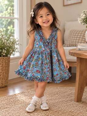 Anokhi Girls Blue Floral Wrap Dress Ruffle Trim Cotton Boho Size 2-3 Years